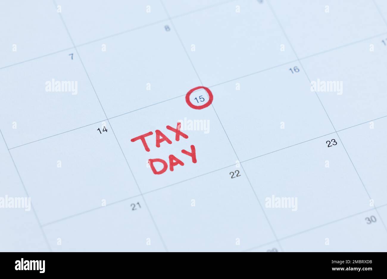 Giorno fiscale, calendario e promemoria per la scadenza di conformità alle leggi governative, dichiarazione dei redditi o autovalutazione. Ricorda data, finanziaria Foto Stock