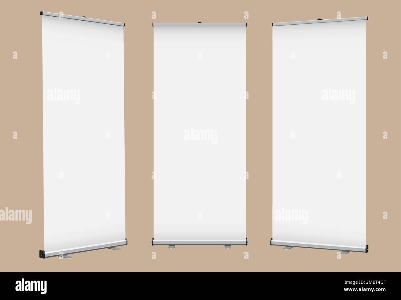 Roll Up banner vettoriale mock-up con display vuoto. Banner a comparsa con modello di design per presentazioni promozionali, esposizioni o identità aziendale. Illustrazione Vettoriale