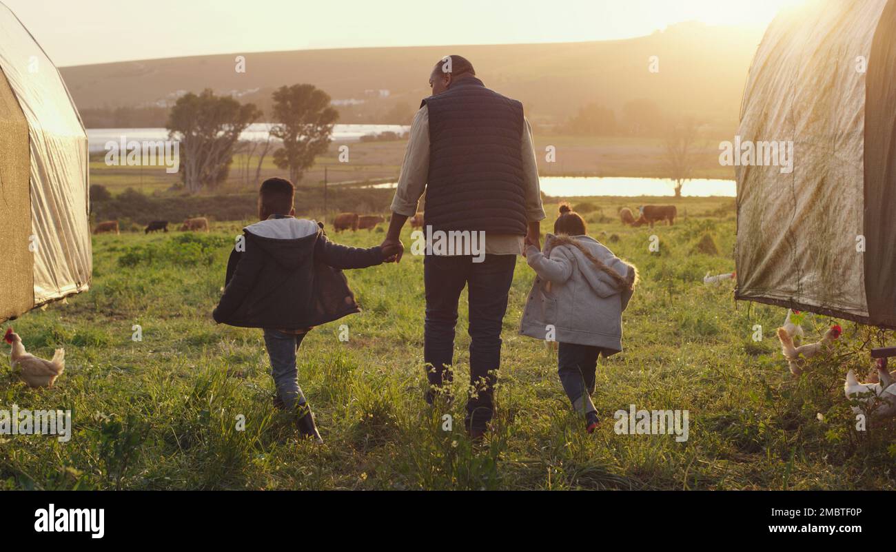 Alcune persone hanno cortili, hanno un'intera fattoria. Ripresa da dietro di un uomo e dei suoi due adorabili figli che esplorano una fattoria. Foto Stock