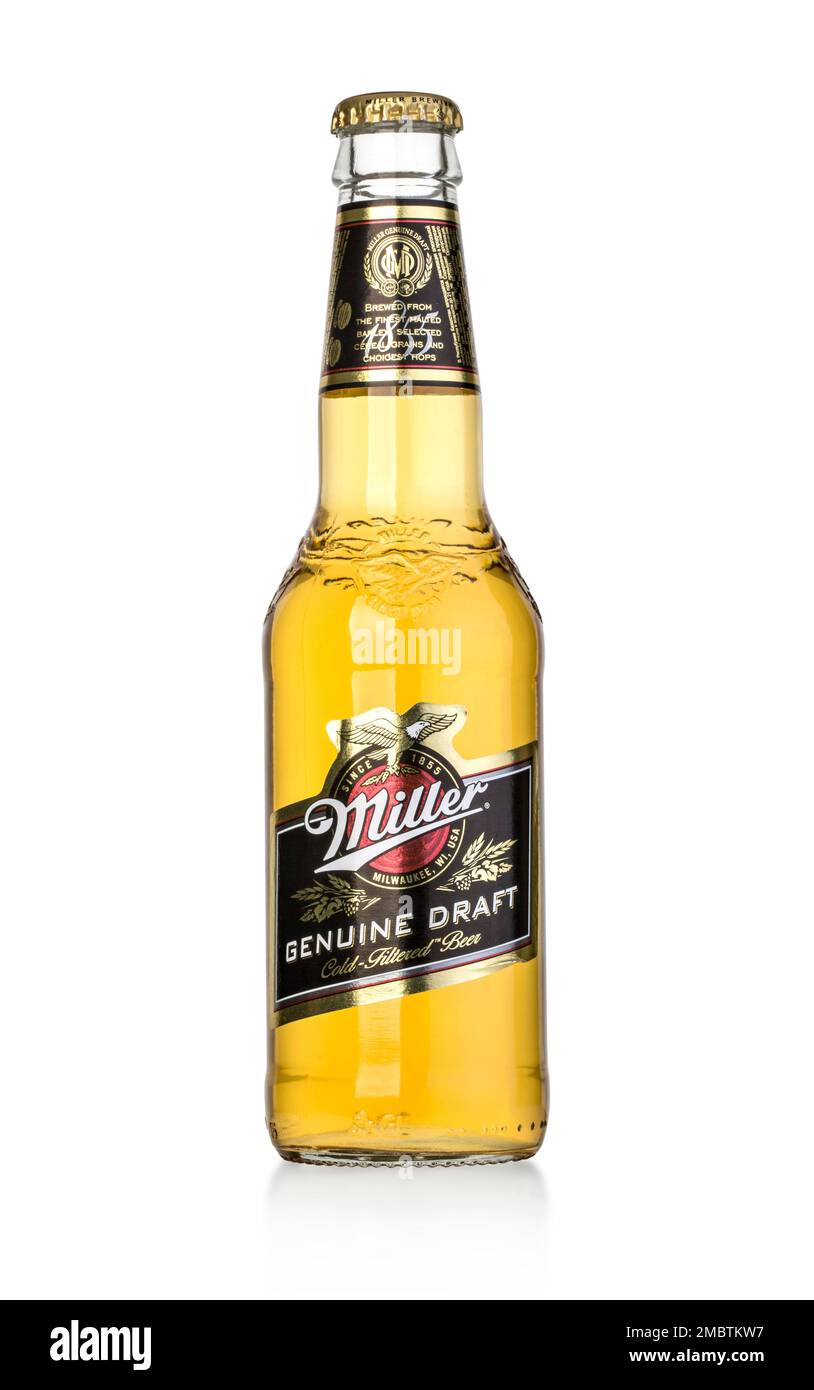 Chisinau Moldova - 25 dicembre 2015: Miller Genuine Draft è la birra alla spina confezionata filtrata a freddo, un prodotto della Miller Brewing Company Foto Stock