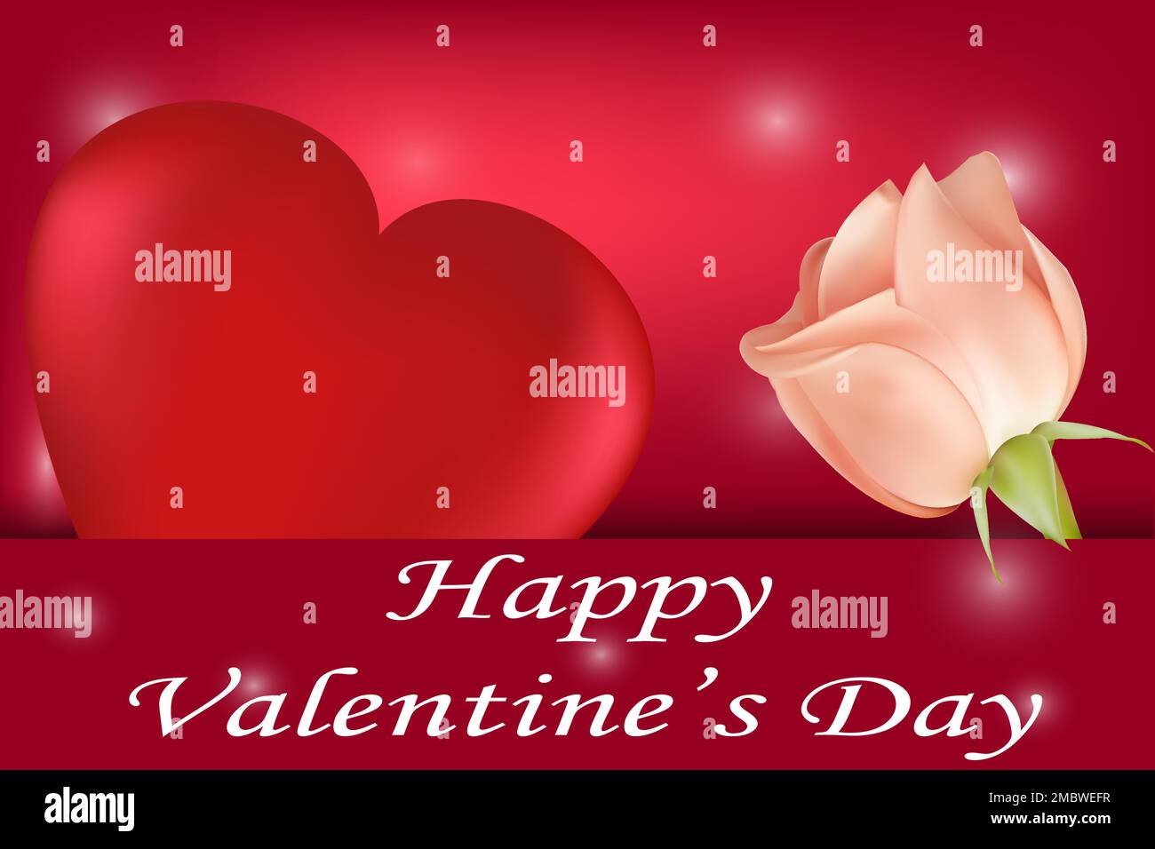 Un grande cuore rosso e una rosa bianca in una busta su sfondo rosso e l'iscrizione Buon San Valentino. Immagine vettoriale. Illustrazione Vettoriale