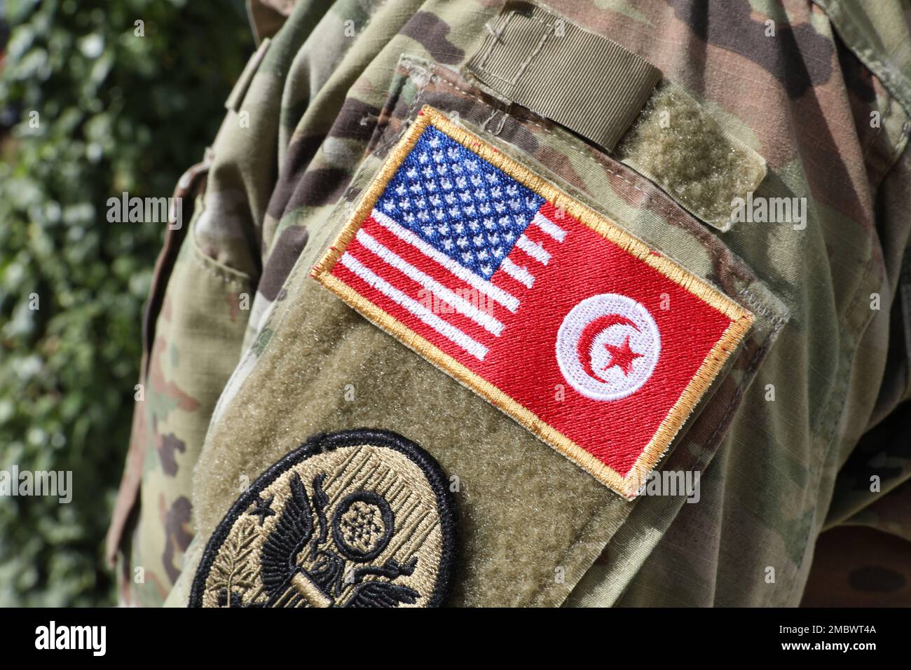 STATI UNITI Soldati dell'esercito assegnati al 84th Civil Support Team, la Guardia Nazionale del Wyoming, Patch di Stati Uniti e Tunisini realizzate con unità di usura durante Africa Lion 22 in onore del loro addestramento congiunto a Bizerte, Tunisia, 22 giugno 2022. African Lion 2022 è statunitense L'esercizio annuale più grande, Premier, congiunto del comando Africa, ospitato da Marocco, Ghana, Senegal e Tunisia, dal 6 al 30 giugno. Più di 7.500 partecipanti provenienti da 28 nazioni e dalla NATO si allenano insieme con l'attenzione a migliorare la preparazione per le forze nazionali degli Stati Uniti e dei partner. AL22 è un esercizio congiunto di tutti i domini, multicomponente e multinazionale, che impiega una serie completa di MIS Foto Stock