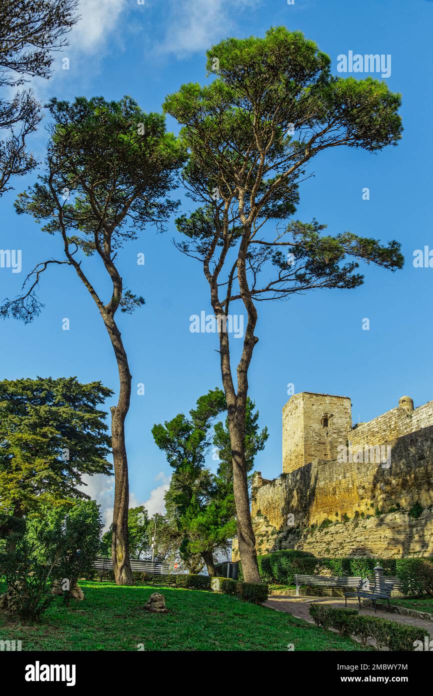 Il castello della Lombardia è una fortezza che sorge sul punto più alto della città di Enna. È uno dei più grandi castelli medievali d'Italia. Enna. Foto Stock