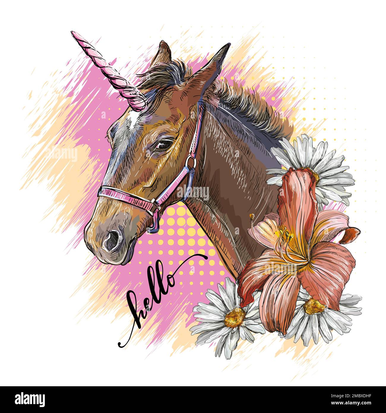 Cavallo magico unicorno con una briglia, fiori e scritta Ciao. Stile disegnato a mano. Illustrazione vettoriale isolata su sfondo bianco. T-shirt compositio Illustrazione Vettoriale