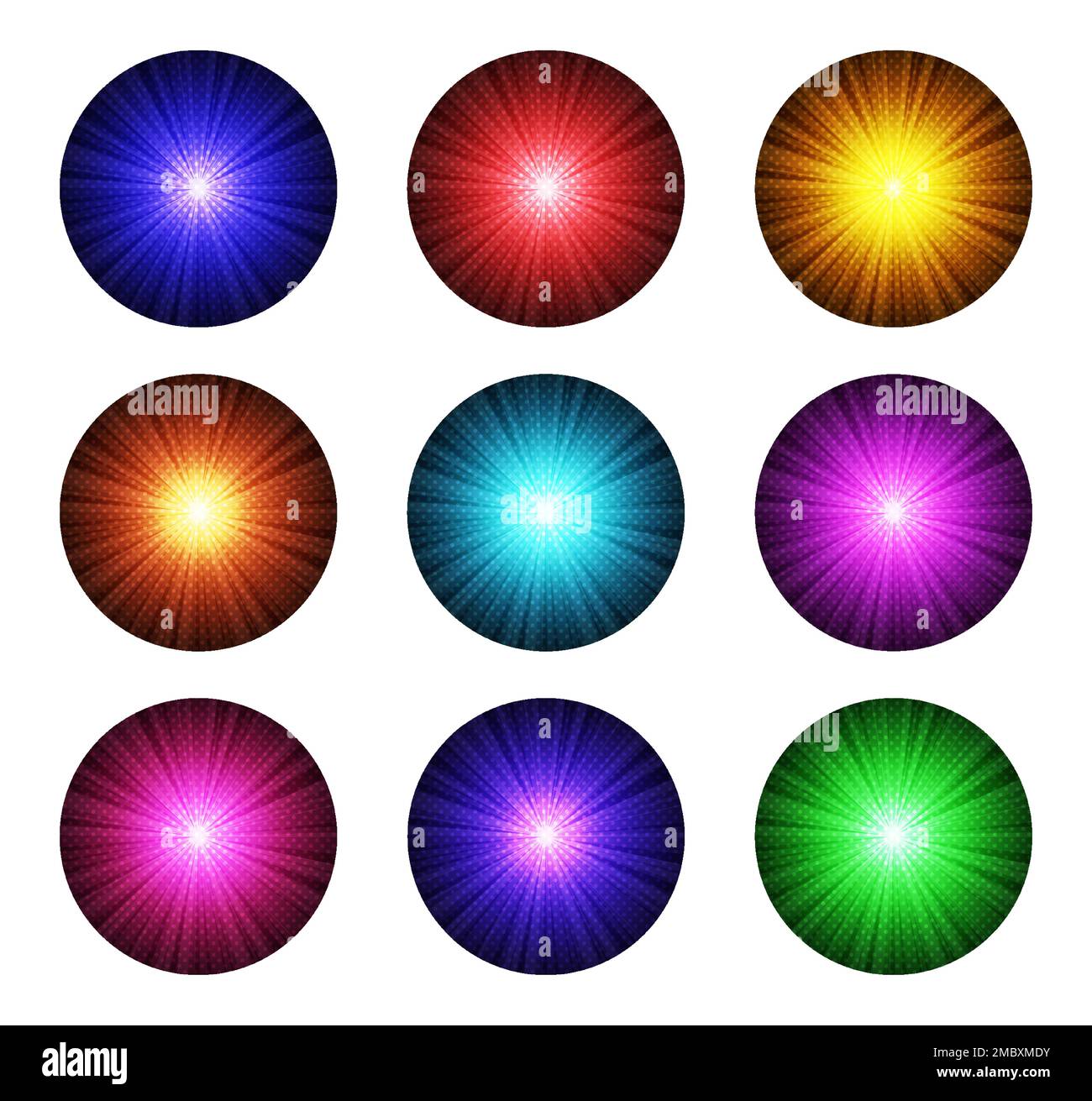 Colorato Néon discoteca luce Sunburst cerchio set Illustrazione Vettoriale