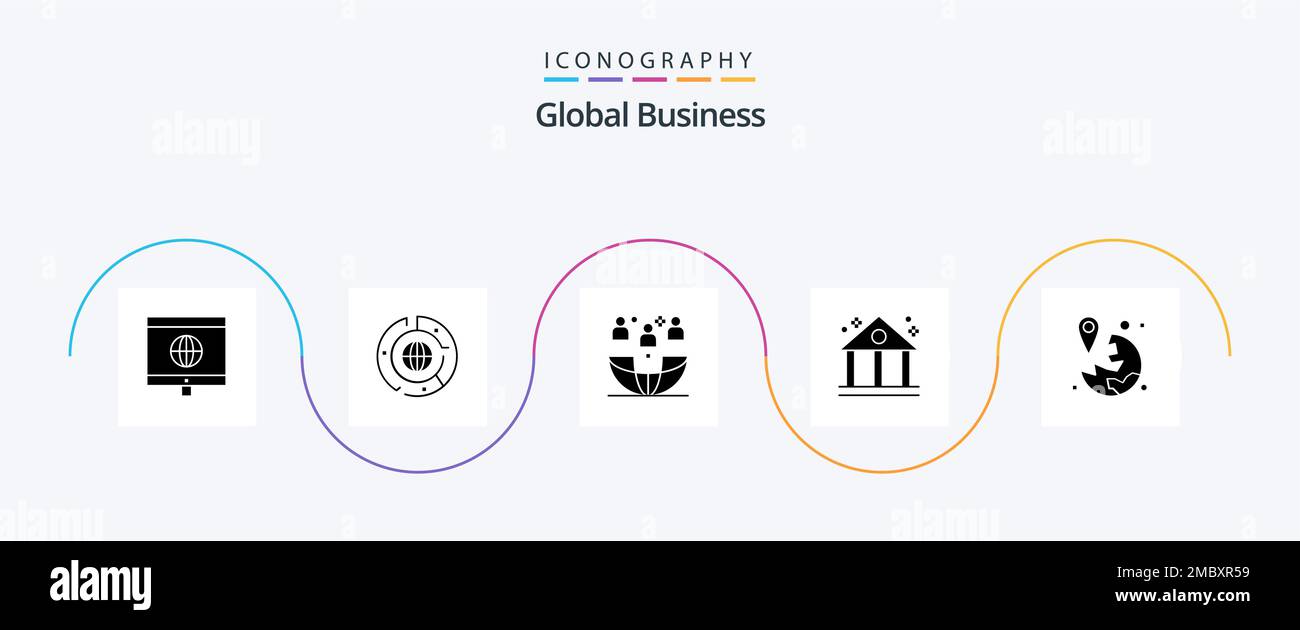 Pacchetto icone Global Business Glyph 5 con sede. finanza. freelance. business. outsourcing Illustrazione Vettoriale