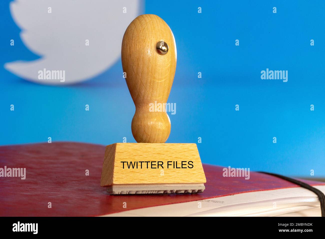 Immagine simbolo Twitter-files: Un timbro con l'iscrizione Twitter-files si trova su una cartella di file con documenti, in background si può vedere il Twitt Foto Stock