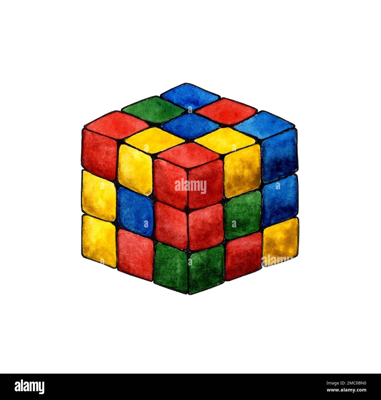 Acquerello colorato cubo di Rubik Un puzzle magico inventato dal professor Rubik nel 1974. Isolato su sfondo bianco. Disegnato a mano. Foto Stock