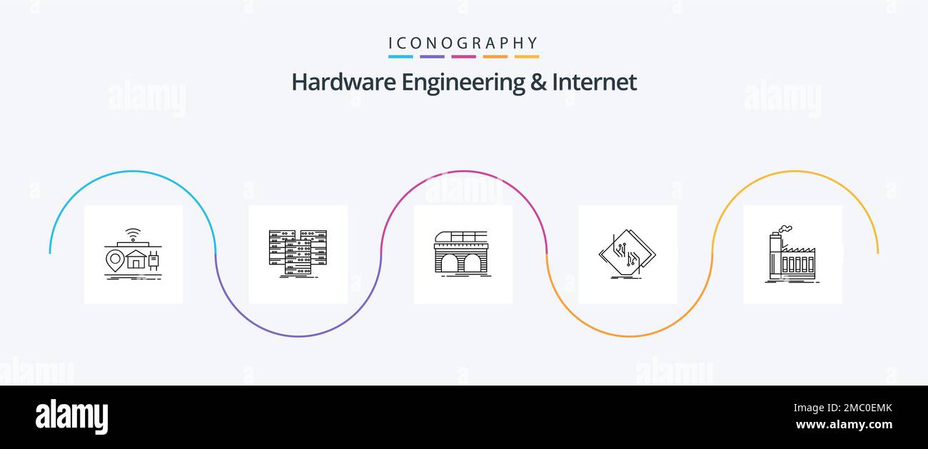 Hardware Engineering e Internet Line 5 Icon Pack circuito incluso. scheda. database. trasporto. ferrovia Illustrazione Vettoriale