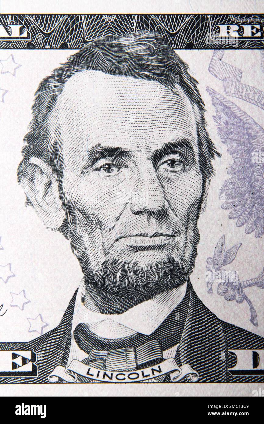 USA, ritratto di Abraham Lincoln sulla banconota da 5 dollari, vintage Foto Stock