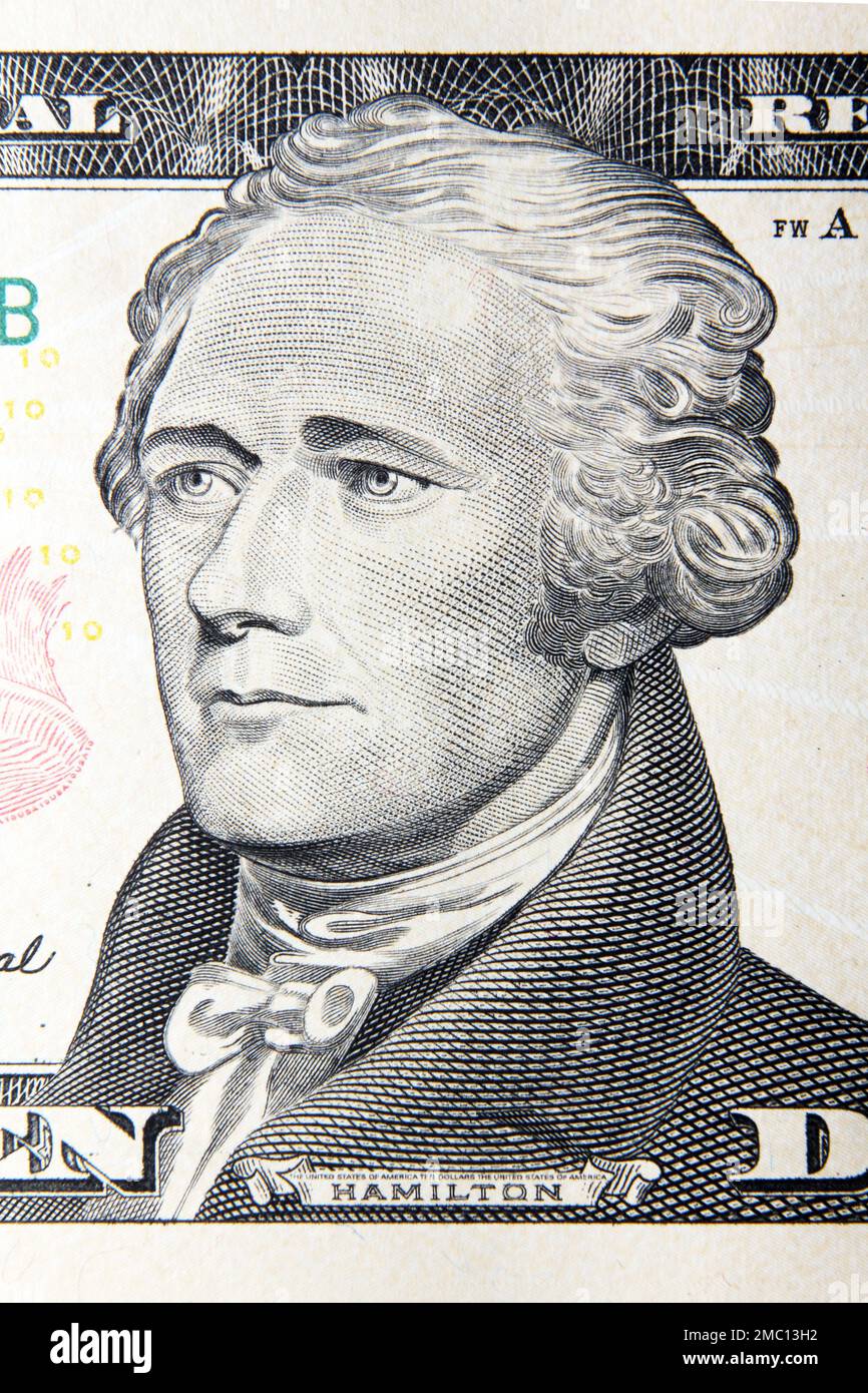 Ritratto di Alexander Hamilton sulla banconota da 10 dollari, USA Foto Stock
