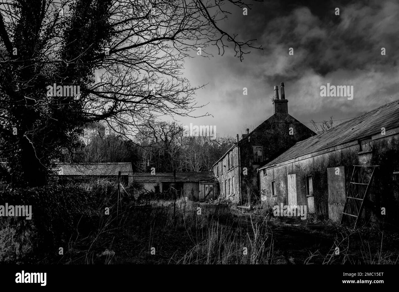 Edifici di terreni agricoli in bianco e nero Foto Stock