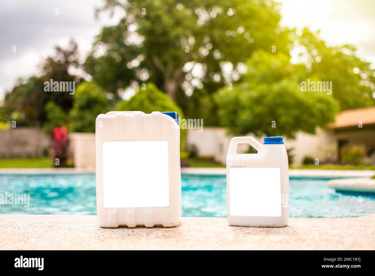 Strumento di purificazione per la pulizia della piscina. Prodotto algaecide per chiarire piscine fatte in casa, chiarificatore piscina fatto in casa Foto Stock