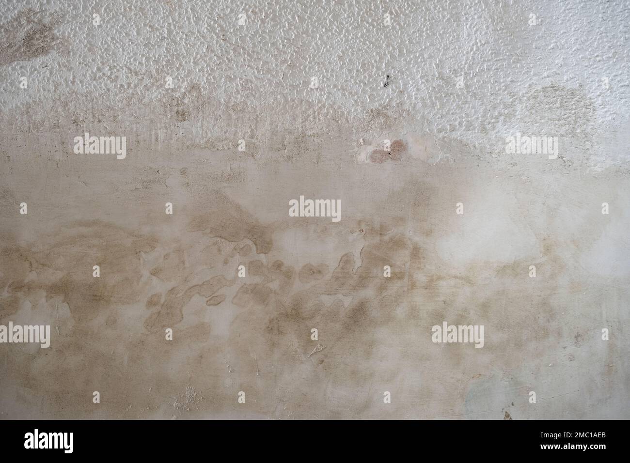 Rivestimento in gesso di cemento con macchie umide sulla vecchia parete del soffitto di popcorn con struttura irregolare Foto Stock