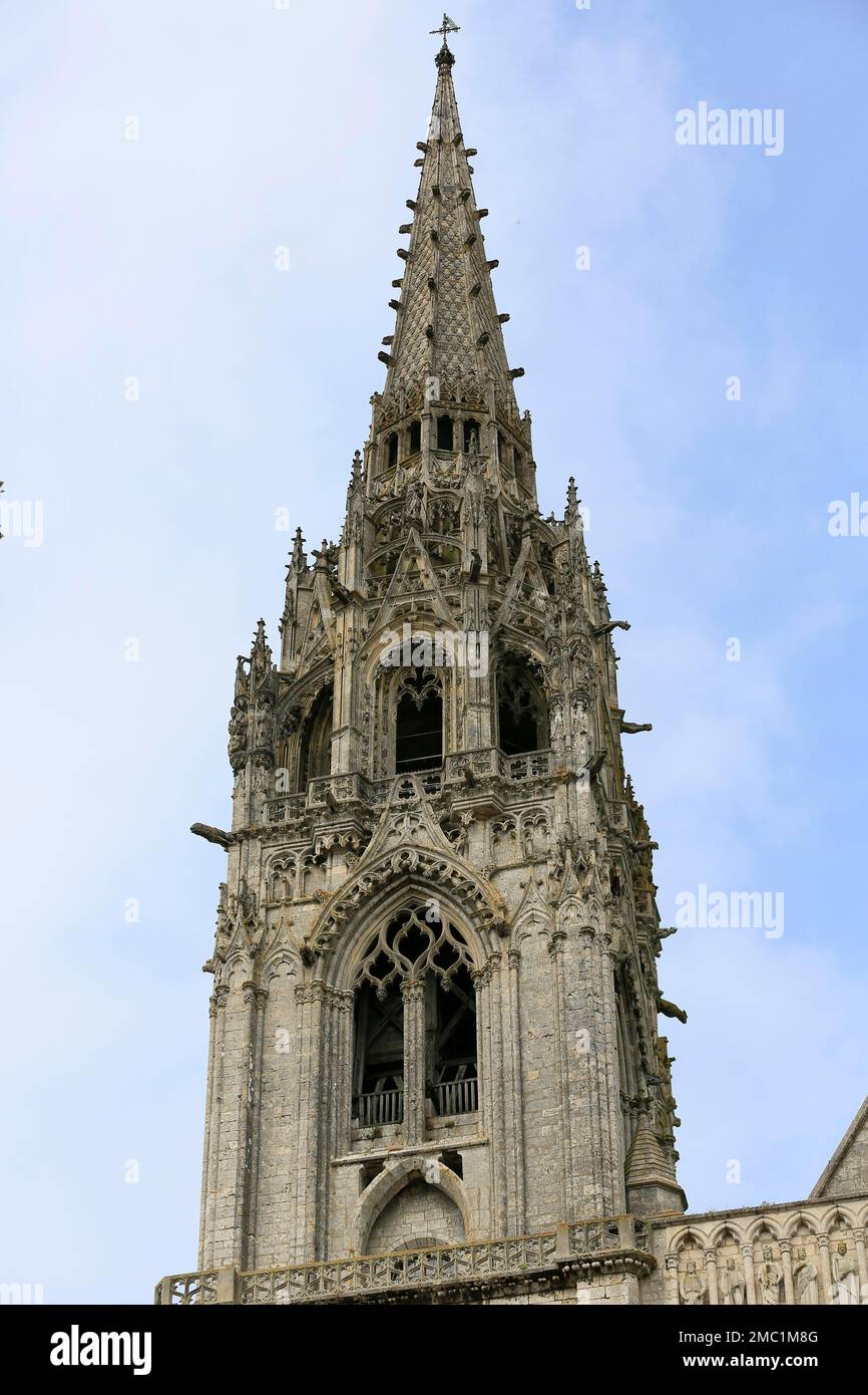 Torre nord in stile fiammeggiante, Cattedrale di Notre Dame de Chartres, Eure-et-Loir, Francia Foto Stock