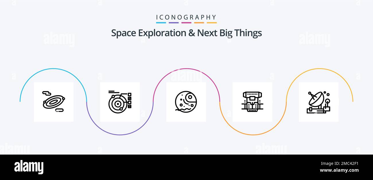 Space Exploration e Next Big Things Line 5 pacchetto icone con antenna inclusa. crionica. distante. criogenico. casella Illustrazione Vettoriale