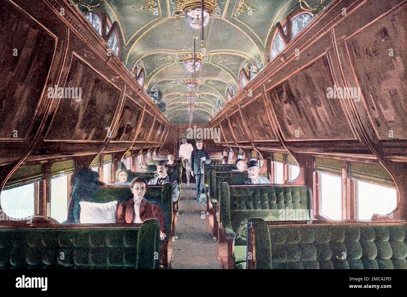 Interno Pullman Palace Sleeping Car, sulla Union Pacific Railroad, circa 1900 Foto Stock