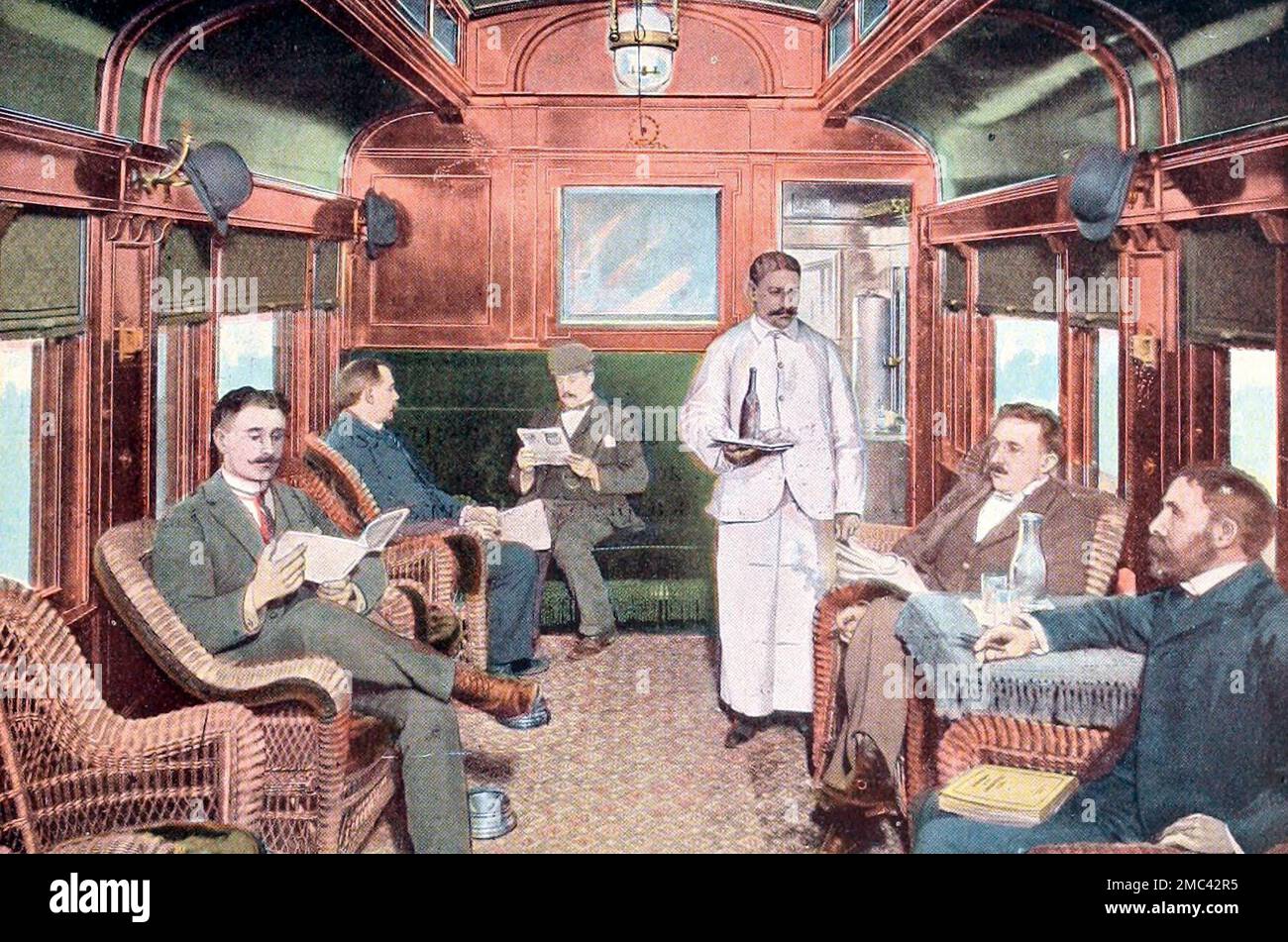Fumatori a buffet e macchina da biblioteca, sulla Union Pacific Railroad, circa 1900 Foto Stock