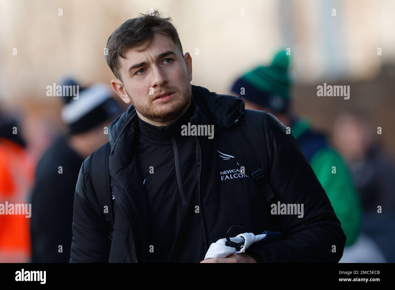 Ben Stevenson di Newcastle Falcons arriva a Kingston Park per la partita di European Challenge Cup tra Newcastle Falcons e Connacht Rugby a Kingston Park, Newcastle, sabato 21st gennaio 2023. (Credit: Chris Lishman | NOTIZIE MI) Credit: NOTIZIE MI & Sport /Alamy Live News Foto Stock