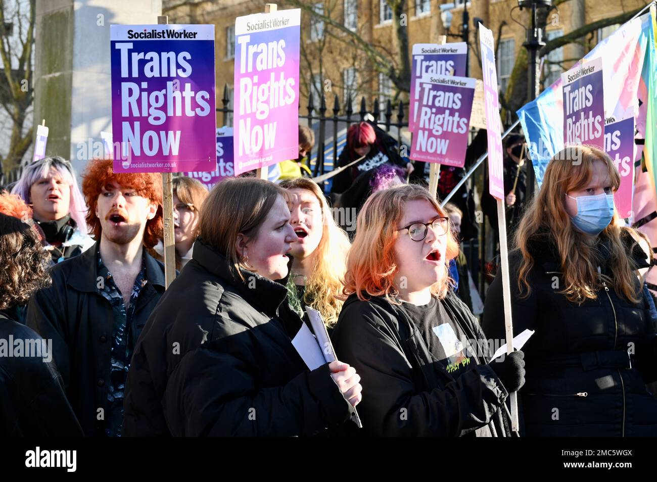 Londra, Regno Unito. Gli attivisti trans protestano di fronte a Downing Street contro il blocco da parte del primo ministro Rishi Sunak del disegno di legge scozzese sulla riforma del genere. Credit: michael melia/Alamy Live News Foto Stock