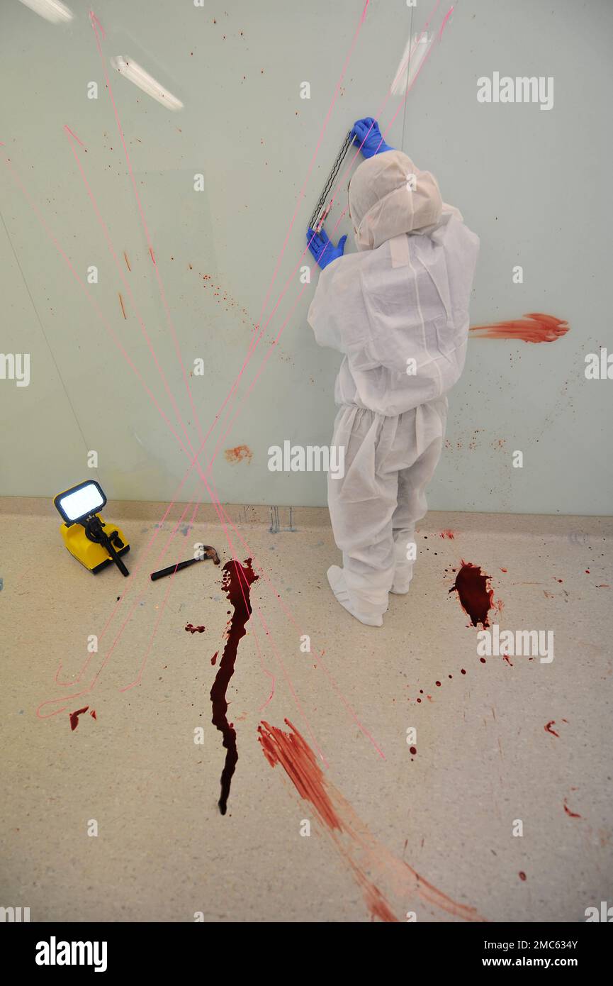 Una vista ritratto di un ufficiale di polizia al lavoro in una scena di crimine nella stanza di spargimento di sangue del reparto di medicina legale. Foto Stock
