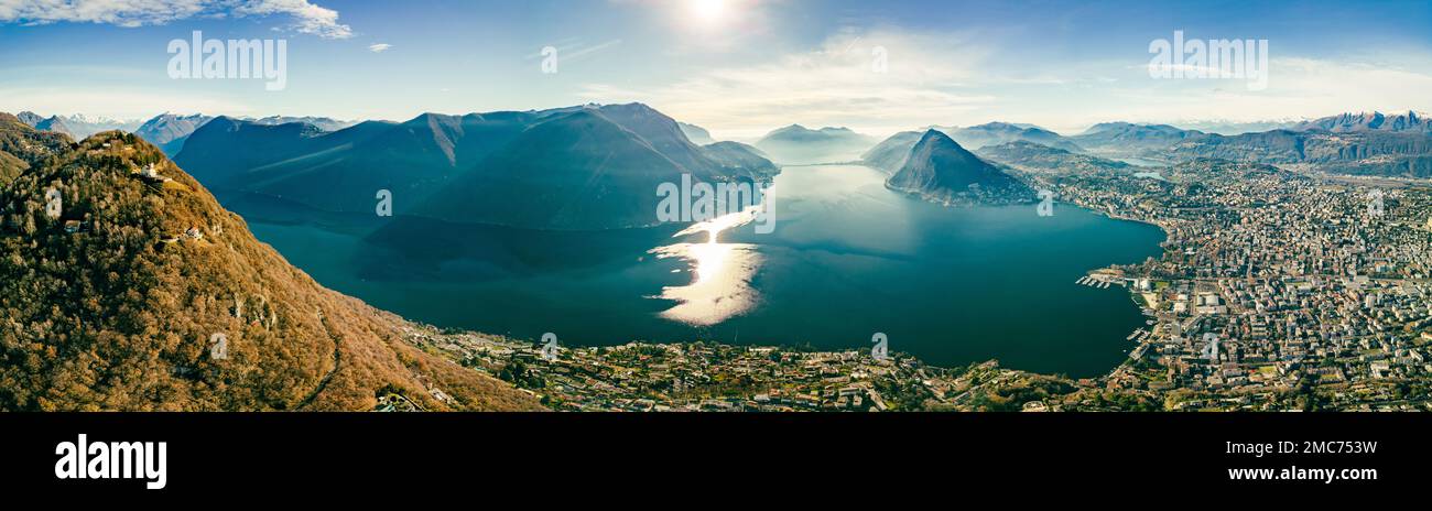 Lugano, Svizzera. Splendida vista aerea della città svizzera, circondata da lago e montagne. Foto Stock