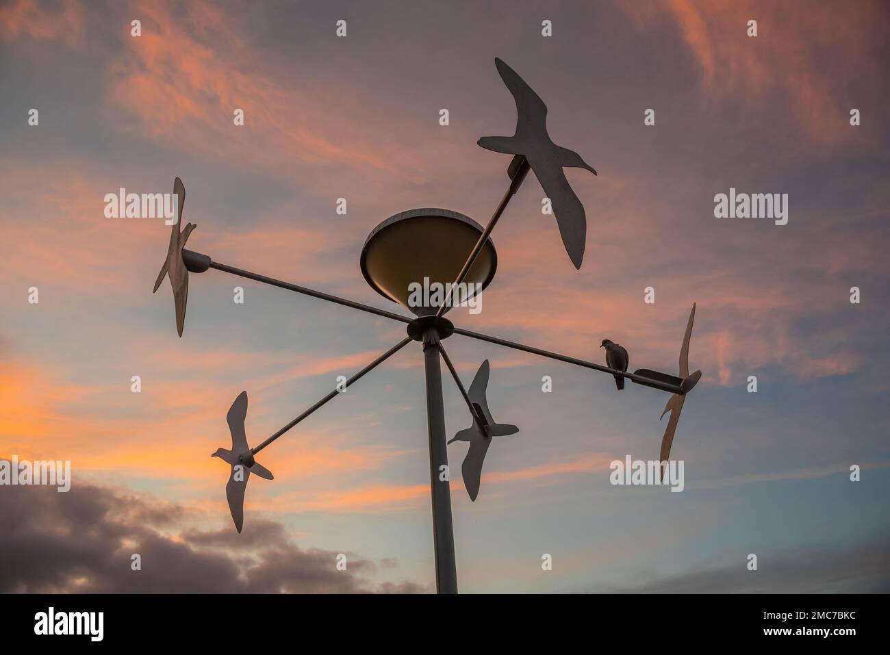 Scultura del vento a tema di uccelli all'alba a Matagorda Lanzarote, Isole di Canry. Foto Stock