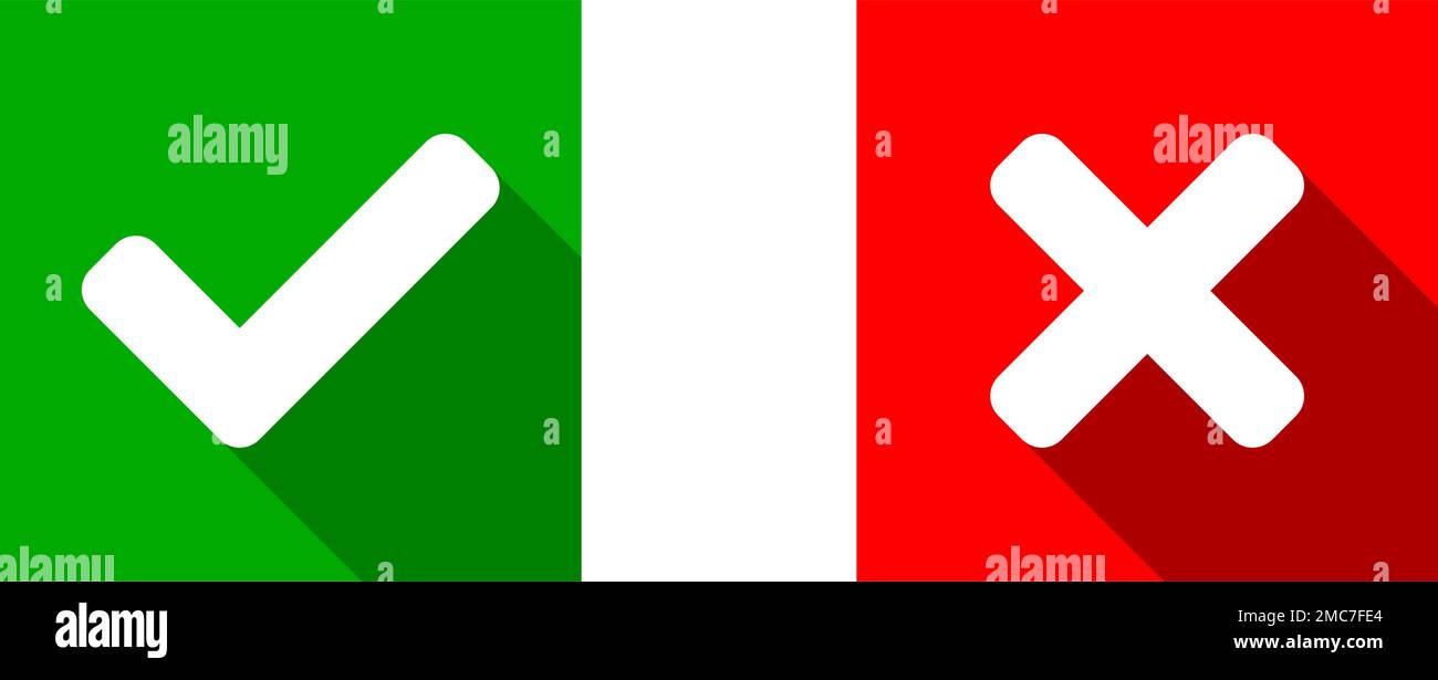 Icone Sì e No o destra e errata o approvata e rifiutata con segno di spunta e X con effetto ombra 3D nei quadrati verde e rosso. Immagine vettoriale. Illustrazione Vettoriale