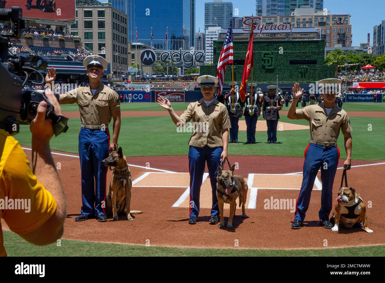 STATI UNITI Corpo marino CPLS. Dawson Sparks, a sinistra, e Lydia Slama, al centro, i gestori di cani di stanza alla Stazione aerea del corpo dei Marine Miramar, ricevono un riconoscimento per il loro servizio militare durante una cerimonia di premiazione dei San Diego Padres al Petco Park, il 26 giugno 2022, insieme a CPL. Max Noel, un videografo di combattimento con strategia di comunicazione e operazioni, Marine Corps reclutare Depot San Diego, che ha scortato il bulldog MCRD di San Diego. Marines di MCAS Miramar, MCRD San Diego e Camp Pendleton sono stati invitati a partecipare alla cerimonia di premiazione. Ogni Domenica i San Diego Padres onorano i membri militari per il Foto Stock