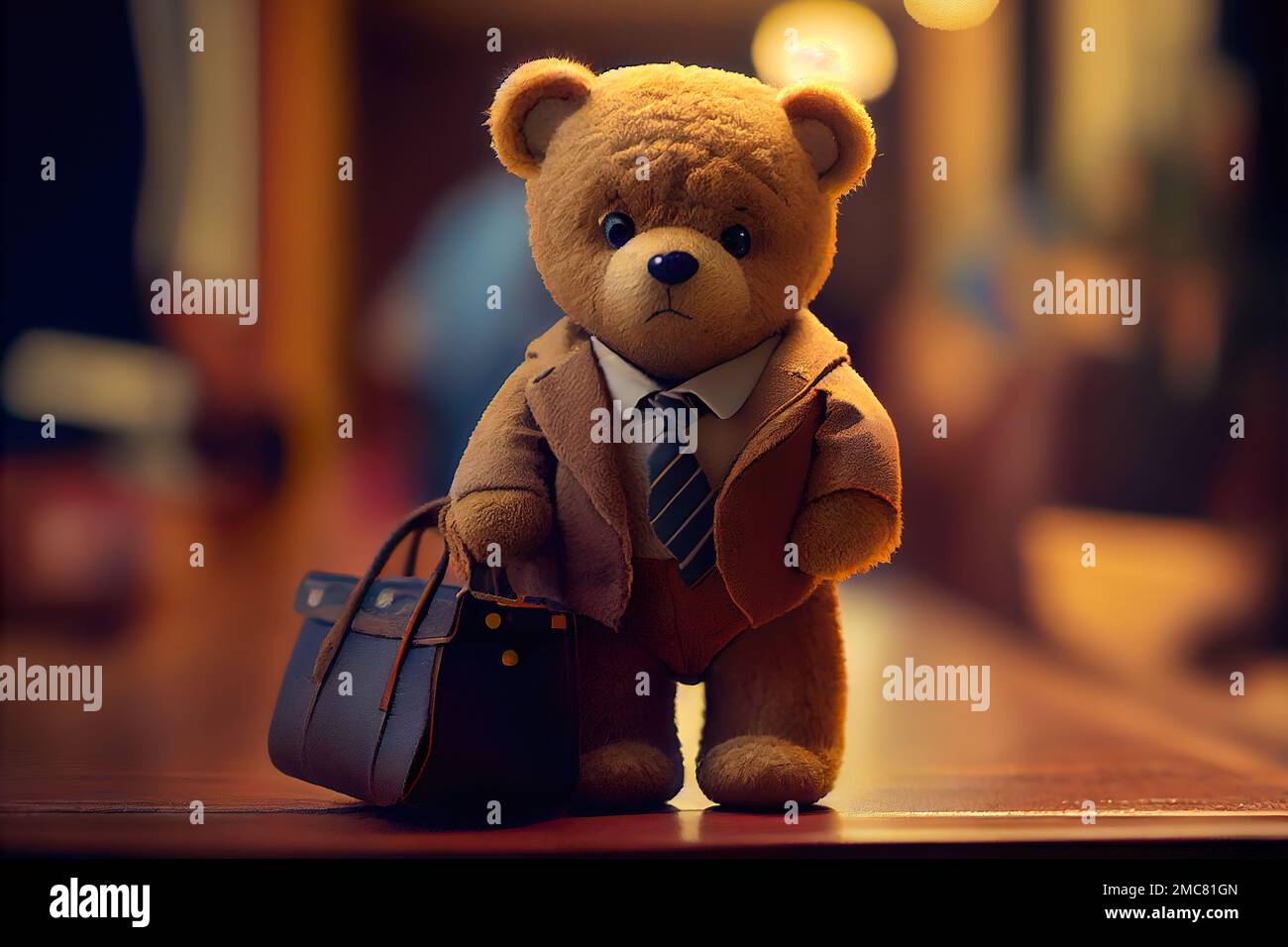 Un piccolo orso bruno orsacchiotto vestito con un abito da lavoro, in piedi  in un ambiente d'ufficio con sfondo sfocato Foto stock - Alamy