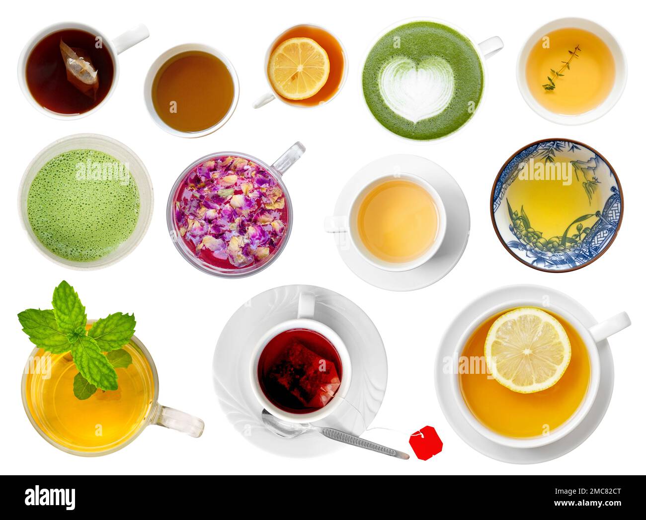 Assortimento di tisane isolate, menu del tè con vista dall'alto su sfondo bianco Foto Stock