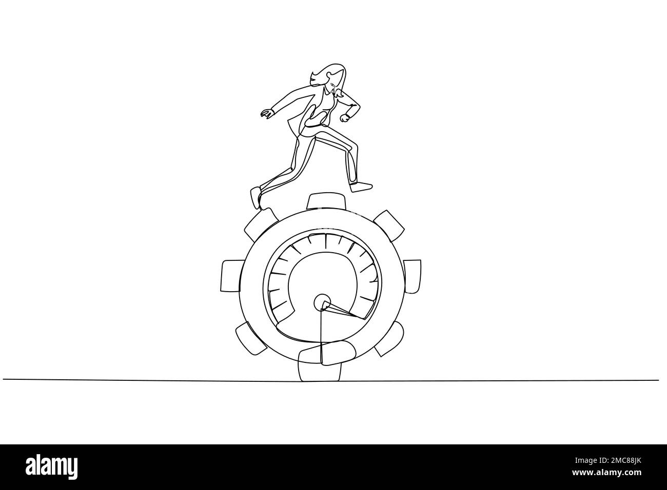 Cartoon di una donna d'affari che corre a ingranaggi a ruota dentata metafora della produttività e della motivazione. Stile artistico a linea continua Illustrazione Vettoriale