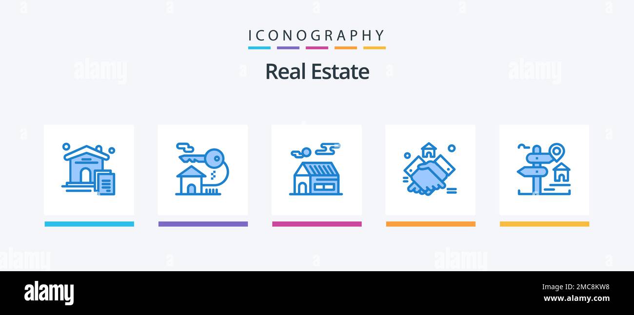 Real Estate Blue 5 Icon Pack inclusa la posizione. casa. casa. stretta di mano. accordo. Icone creative Design Illustrazione Vettoriale