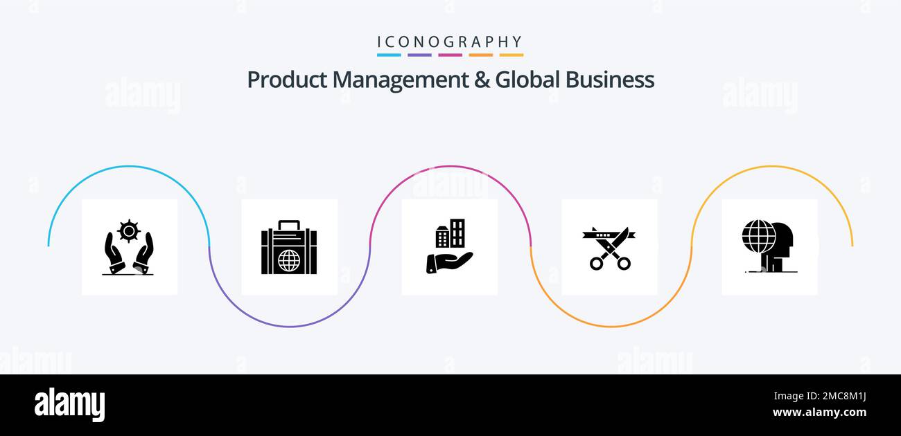 Gestione dei prodotti e Global Business Glyph 5 Icon Pack, finanziamento incluso. apertura. architettura. moderno. business Illustrazione Vettoriale
