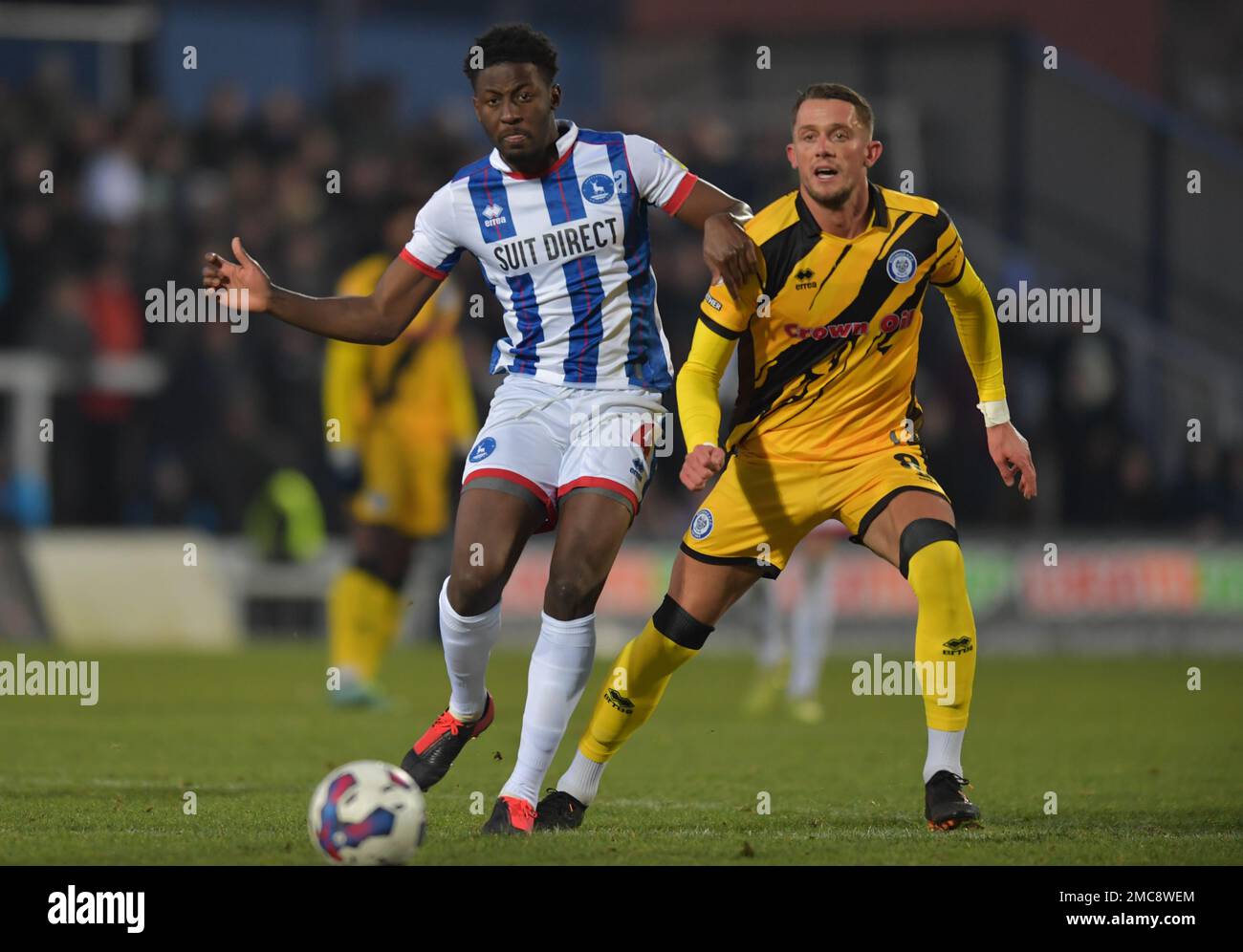 Hartlepool, Regno Unito. 21st Jan, 2023. Mouhamed Niang di Hartlepool United torna in campo dopo una lunga sosta durante la partita della Sky Bet League 2 tra Hartlepool United e Rochdale a Victoria Park, Hartlepool, sabato 21st gennaio 2023. (Credit: Scott Llewellyn | NOTIZIE MI) Credit: NOTIZIE MI & Sport /Alamy Live News Foto Stock