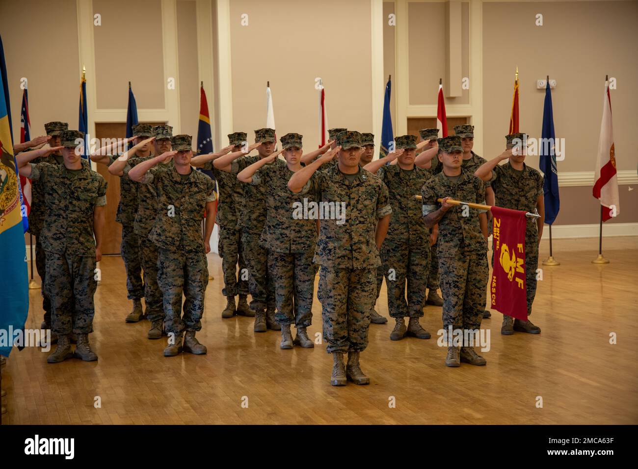 STATI UNITI Marines con il 2D Intelligence Battalion, II MEF Information Group, salutano durante una cerimonia di cambio di comando al Marine Corps base Camp Lejeune, North Carolina, 28 giugno 2022. Durante la cerimonia, il Lt. Col. Jeffery L. Starr, il comandante uscente di 2D Intel BN. Rinunciato al comando di 2D Intel BN. Al Lt. Col. Ruth E. Kehoe, l'imminente comandante ufficiale. Foto Stock