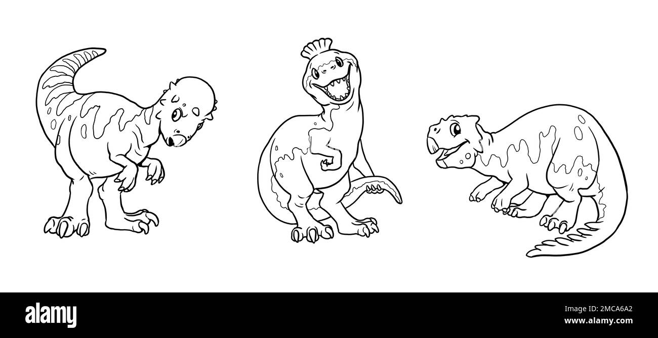 Carino dinosauri criofosauri, psittacosaurus e pachycephalosaurus per la colorazione. Modello per un libro da colorare con dinosauro divertente. Templat colorante Foto Stock