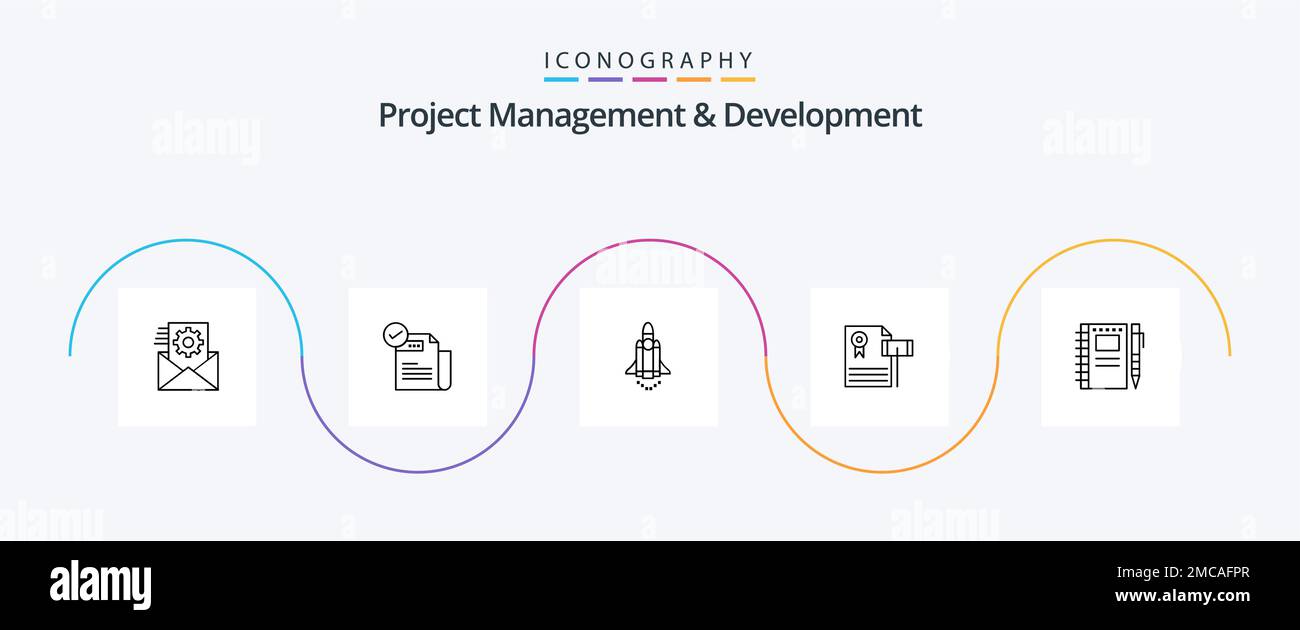 Project Management and Development Line 5 Icon Pack ghiaia inclusa. vintage. caratteristiche. asta . marketing Illustrazione Vettoriale