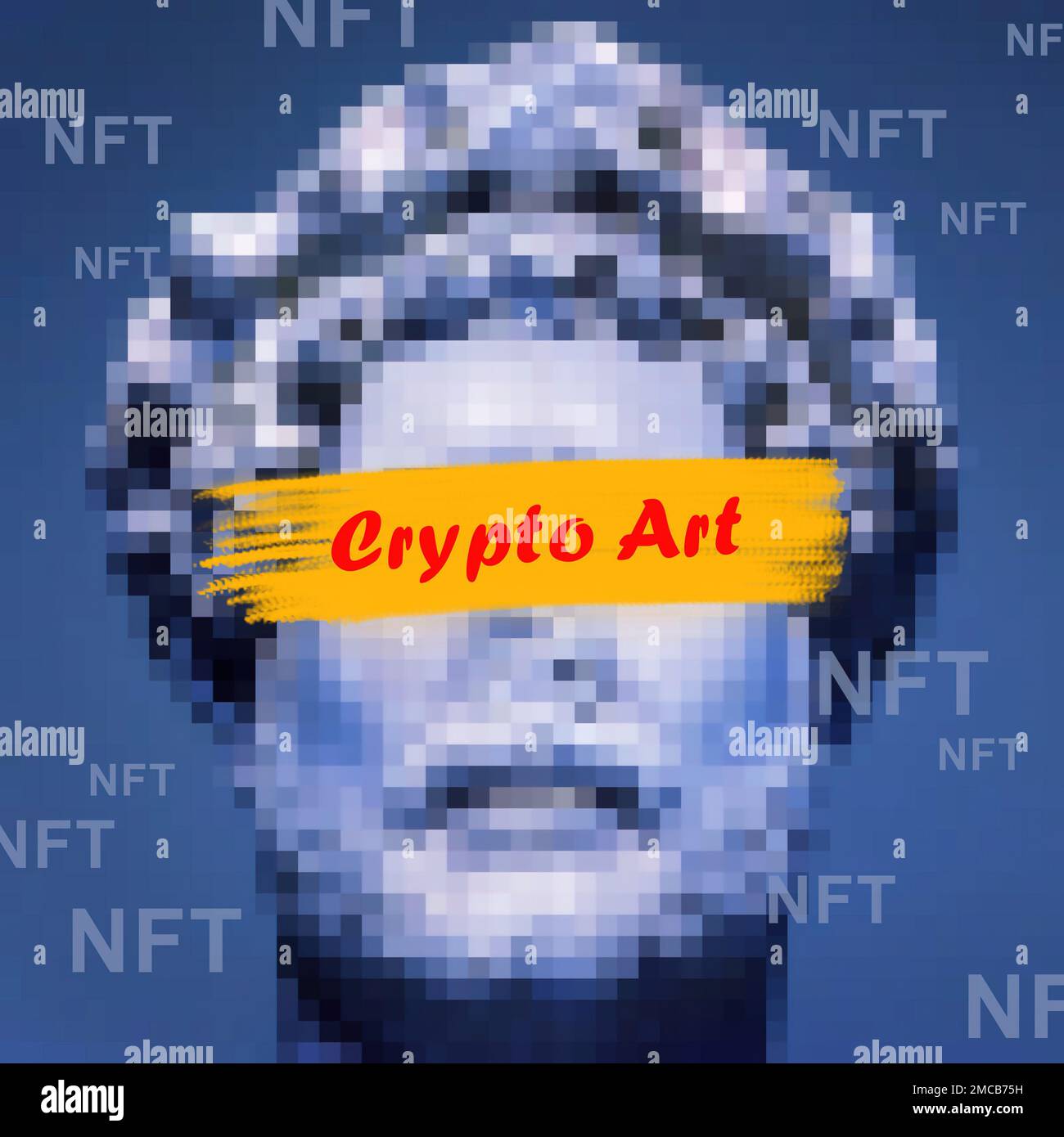 Gettone NFT e cripto arte, statua in marmo in galleria digitale. NFT è una comune criptovaluta non fungibile. Concetto di blockchain, marketplace, masterpiec Foto Stock