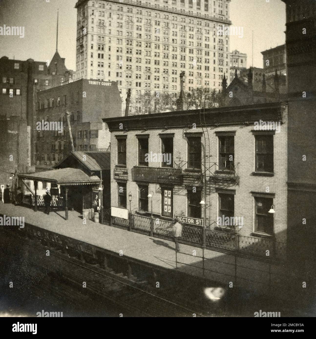 Rector Street Station, New York City History, Old Elevated Train, Financial District, Empire Building circa 1900s, Trinity Court, Wall Street Historic District alla fine del secolo, Foto Stock