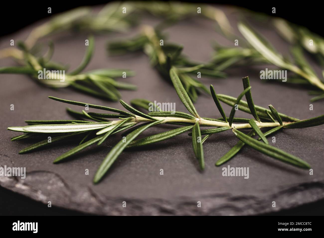 Rametti di rosmarino fresco su un piatto di ardesia nero. Sfondo scuro. Foto Stock