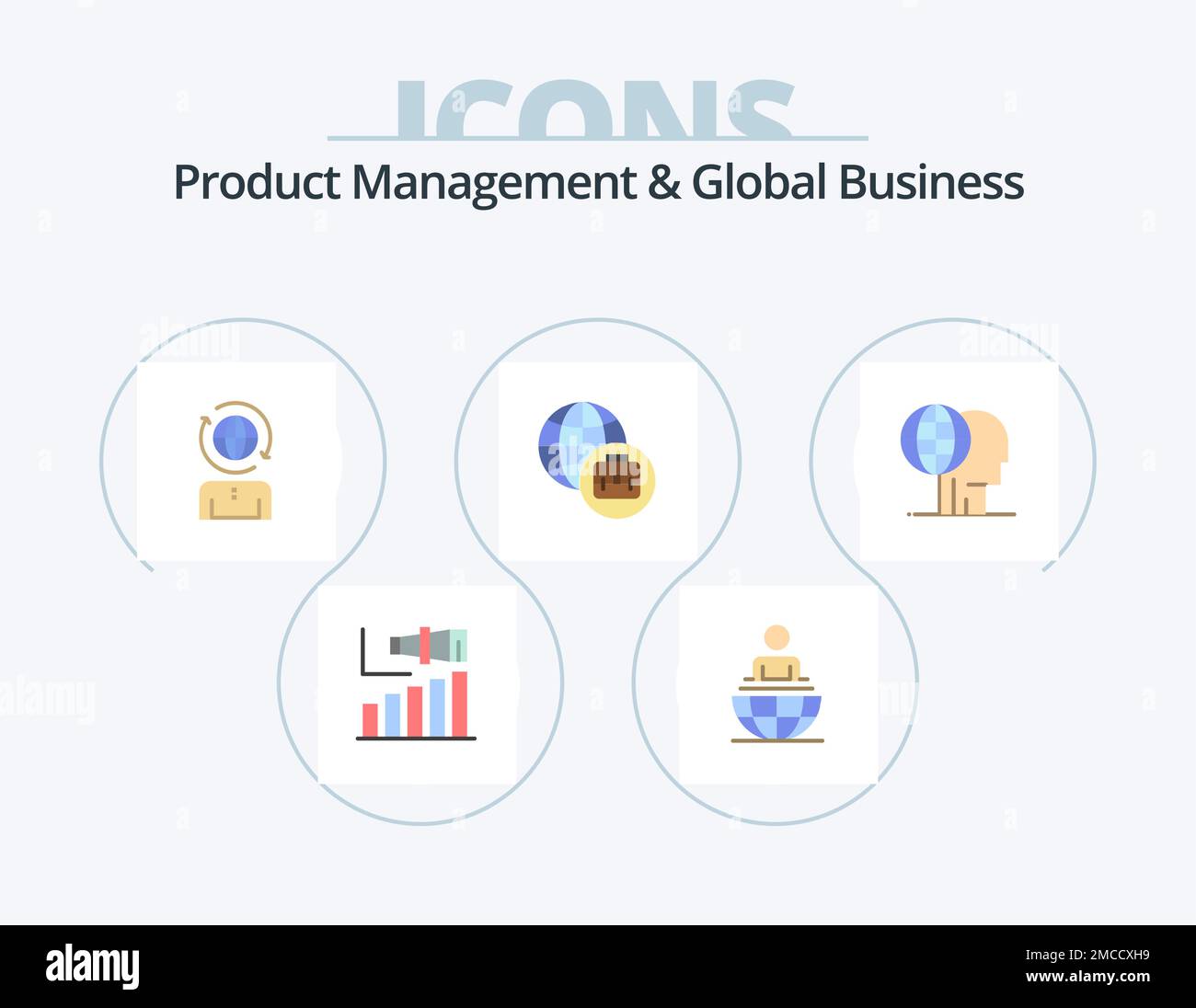 Gestione dei prodotti e Global Business Flat Icon Pack 5 Icon Design. marketing. finanza. moderno. marketing globale. moderno Illustrazione Vettoriale