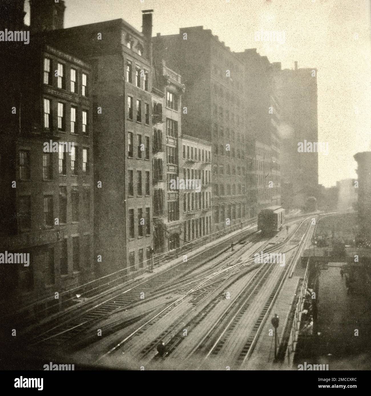 1900s NYC, treno sopraelevato, New York City History, circa 1900s, Manhattan, Vintage El Train, fine del secolo NYC Foto Stock