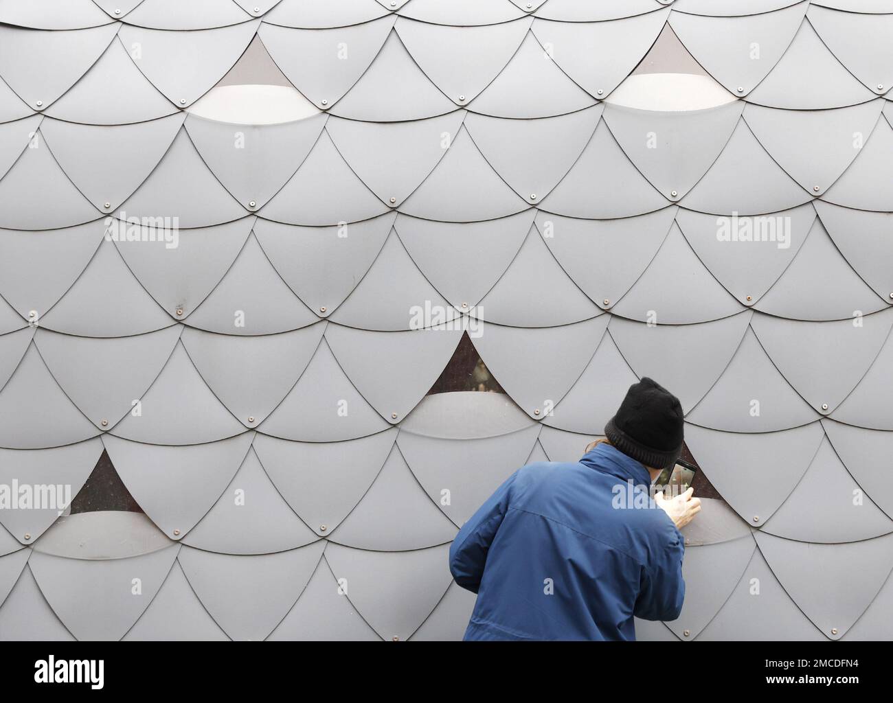 New York, Stati Uniti. 20th Jan, 2023. Le persone si riuniscono per scattare foto e dire Arrivederci a Jim e Phil, pavoni residenti della Cattedrale di San Giovanni il Divino, mentre si trovano in una casa di uccelli al coperto Sabato, 21 gennaio 2023 a New York City. La Cattedrale di San I tre pavoni di John the Divine sono presenti nei giardini della Cattedrale da oltre vent'anni e ora si spostano verso il ritiro presso Animal Nation, un santuario degli animali a South Salem, NY. Foto di John Angelillo/UPI Credit: UPI/Alamy Live News Foto Stock