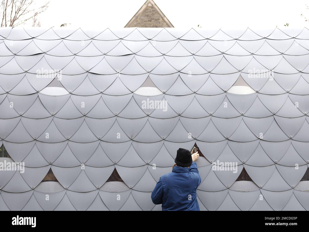 New York, Stati Uniti. 20th Jan, 2023. Le persone si riuniscono per scattare foto e dire Arrivederci a Jim e Phil, pavoni residenti della Cattedrale di San Giovanni il Divino, mentre si trovano in una casa di uccelli al coperto Sabato, 21 gennaio 2023 a New York City. La Cattedrale di San I tre pavoni di John the Divine sono presenti nei giardini della Cattedrale da oltre vent'anni e ora si spostano verso il ritiro presso Animal Nation, un santuario degli animali a South Salem, NY. Foto di John Angelillo/UPI Credit: UPI/Alamy Live News Foto Stock