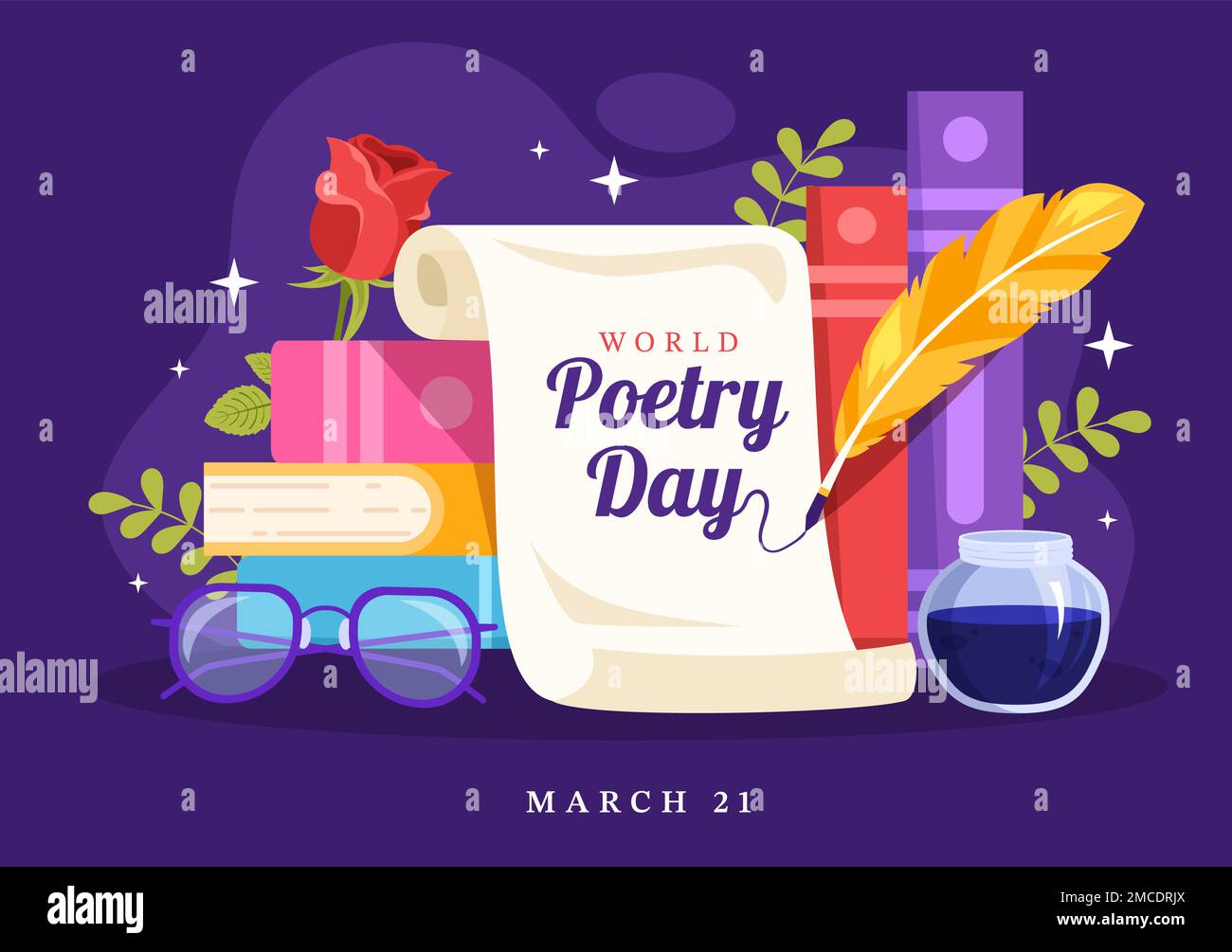 Giornata mondiale della poesia il 21 marzo Illustrazione con una cimatrice, carta o macchina da scrivere per banner Web o landing page in modelli disegnati a mano su cartoon piano Illustrazione Vettoriale