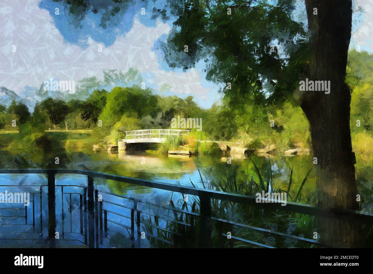 Monet Bridge con riflessione dell'acqua. Cox Arboretum e Metro Park, Dayton, Ohio, Stati Uniti. La fotografia è stata post-elaborata con la tecnologia di pittura digitale al computer Foto Stock