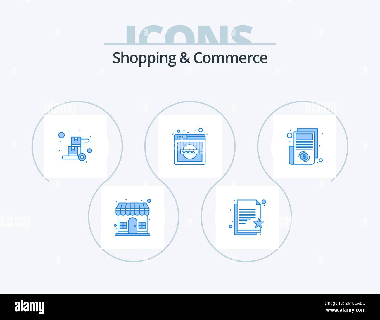 Shopping e Commercio Blue Icon Pack 5 Icon Design. world wide web. dominio di rete. lista dei desideri. explorer. carrello per bagagli Illustrazione Vettoriale