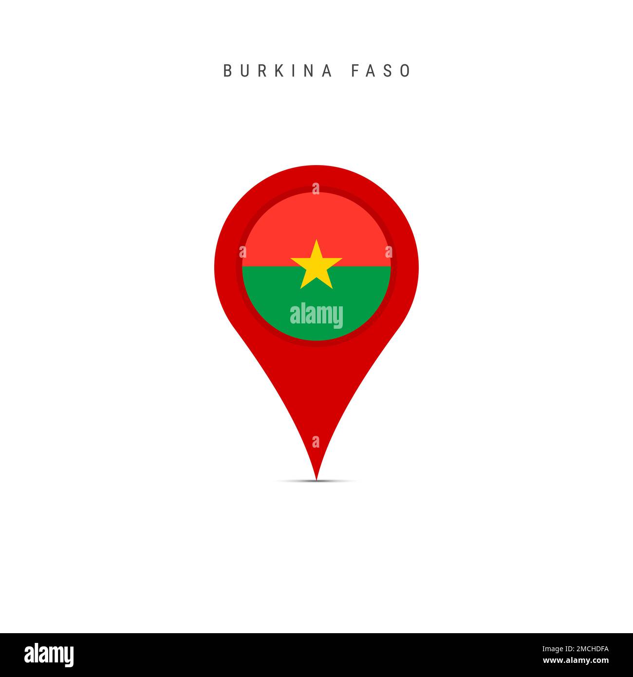 Marcatore mappa lacrima con bandiera del Burkina Faso. Bandiera volta superiore inserita nel perno della mappa della posizione. Illustrazione piatta isolata su sfondo bianco. Foto Stock