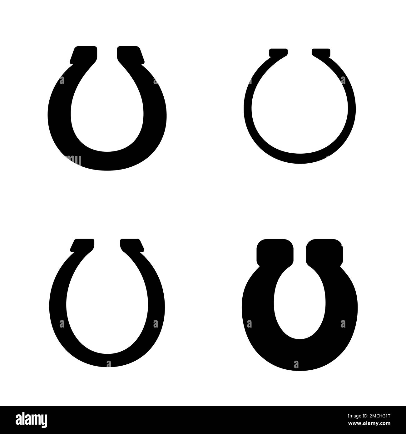 Set di icone a ferro di cavallo. Simbolo di fortuna. Illustrazione piatta isolata su sfondo bianco. Foto Stock